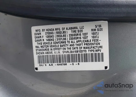 2006 Honda Odyssey Ex z USA, uszkodzony, nr VIN 5FNRL38416B103770